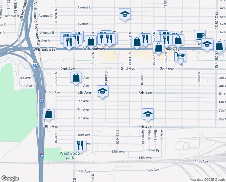 map of restaurants, bars, coffee shops, grocery stores, and more near 3214 5th Avenue in Council Bluffs