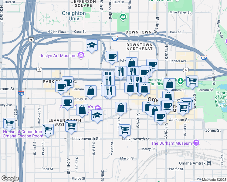 map of restaurants, bars, coffee shops, grocery stores, and more near in Omaha