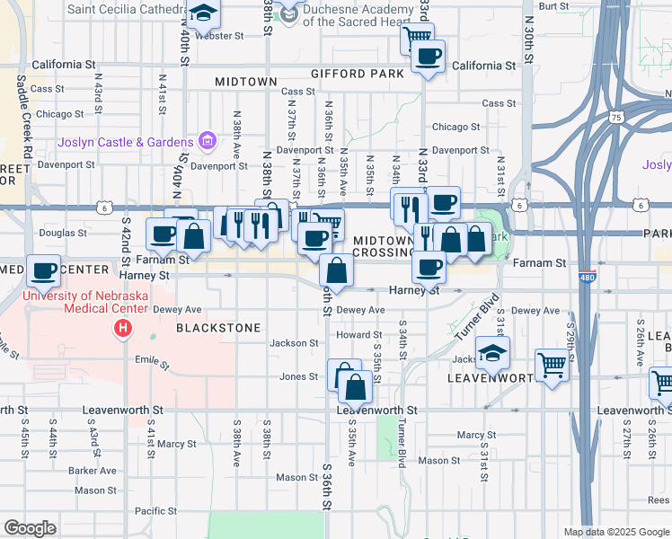 map of restaurants, bars, coffee shops, grocery stores, and more near 3555 Farnam Street in Omaha