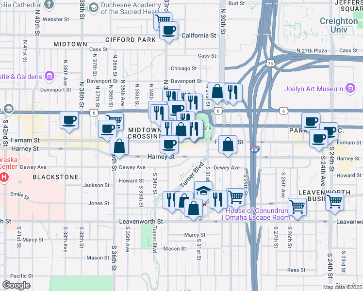 map of restaurants, bars, coffee shops, grocery stores, and more near 3201 Farnam Street in Omaha