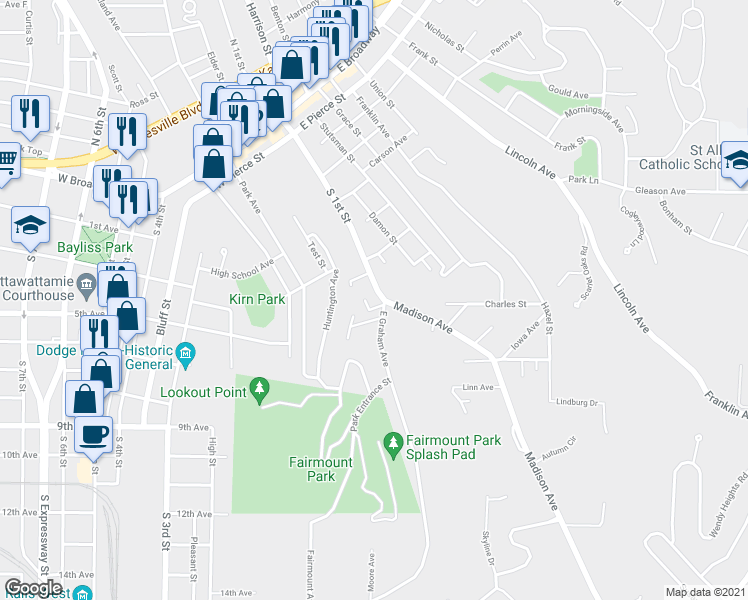 map of restaurants, bars, coffee shops, grocery stores, and more near 644 South 1st Street in Council Bluffs
