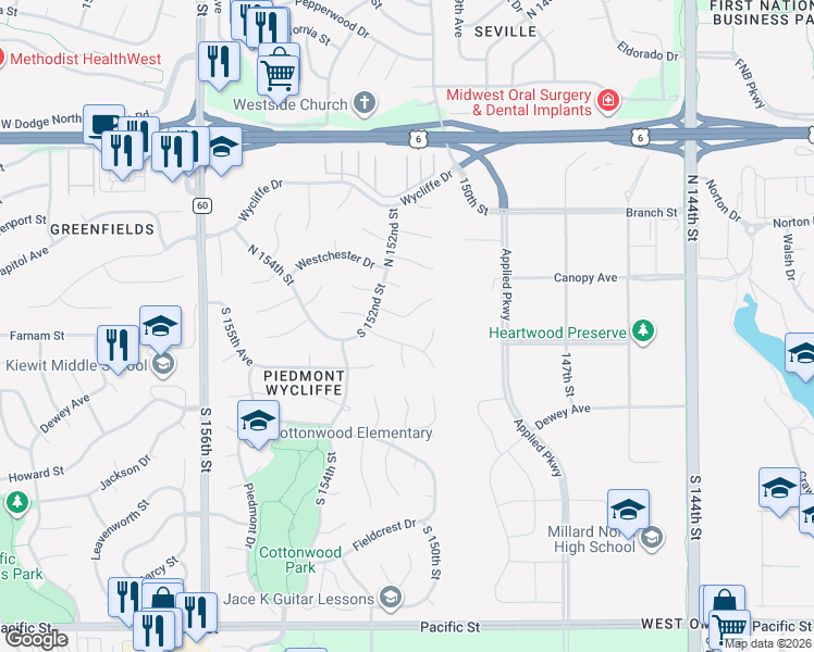 map of restaurants, bars, coffee shops, grocery stores, and more near 15105 Douglas Circle in Omaha