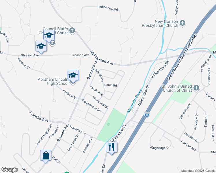 map of restaurants, bars, coffee shops, grocery stores, and more near 106 Robin Road in Council Bluffs