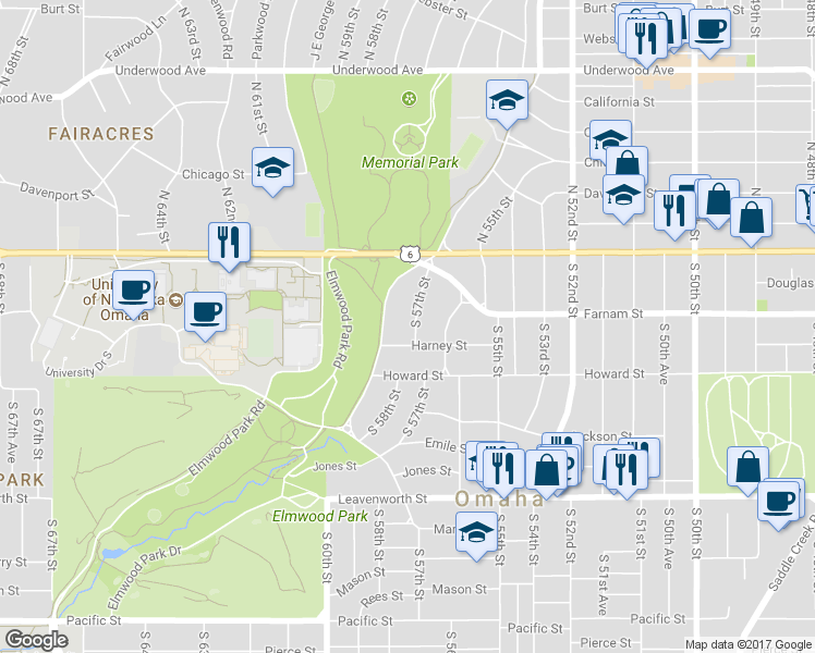 map of restaurants, bars, coffee shops, grocery stores, and more near 320 South 57th Street in Omaha