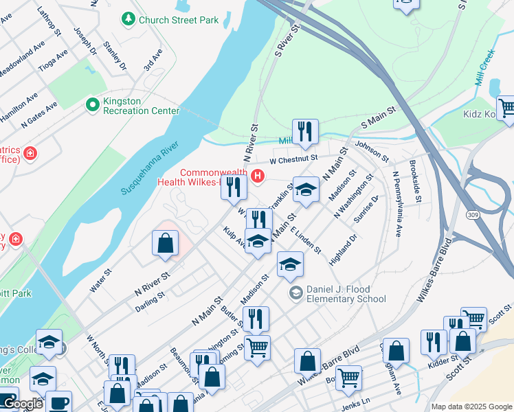 map of restaurants, bars, coffee shops, grocery stores, and more near 588 N Franklin St in Wilkes-Barre