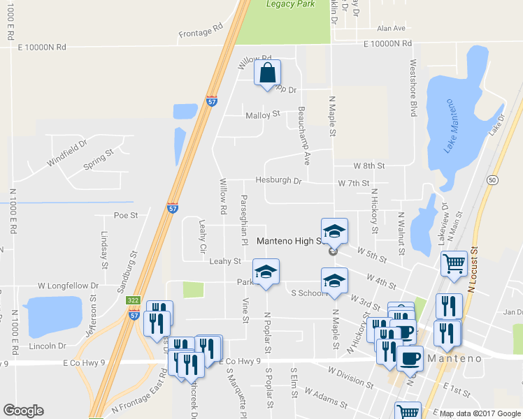 map of restaurants, bars, coffee shops, grocery stores, and more near 536 Water Tower Road South in Manteno