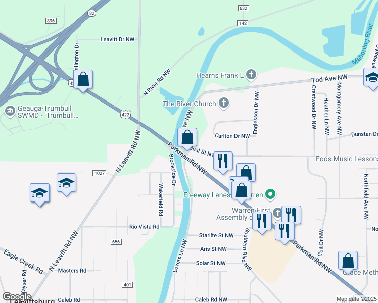map of restaurants, bars, coffee shops, grocery stores, and more near 3120 Parkman Road Northwest in Warren