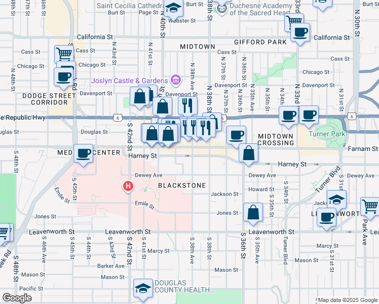 map of restaurants, bars, coffee shops, grocery stores, and more near 3815 Farnam Street in Omaha