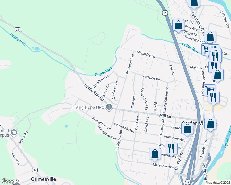 map of restaurants, bars, coffee shops, grocery stores, and more near 1802-1888 Princeton Ave in Williamsport