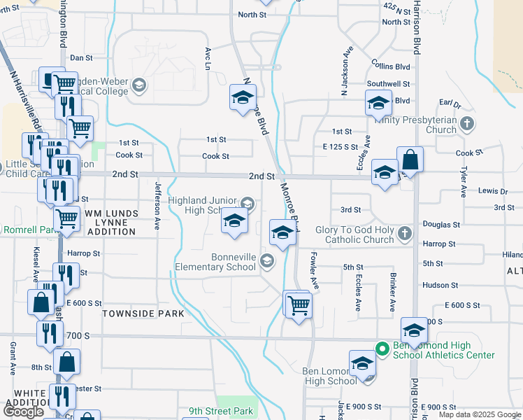 map of restaurants, bars, coffee shops, grocery stores, and more near 325 Gramercy Avenue in Ogden