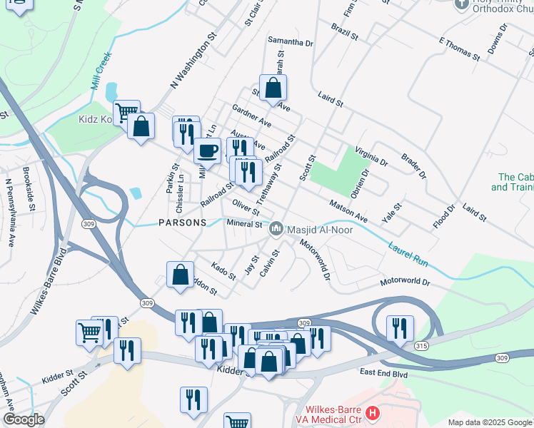 map of restaurants, bars, coffee shops, grocery stores, and more near 76 Oliver Street in Wilkes-Barre