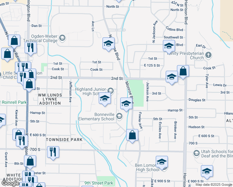 map of restaurants, bars, coffee shops, grocery stores, and more near 300 Gramercy Avenue in Ogden