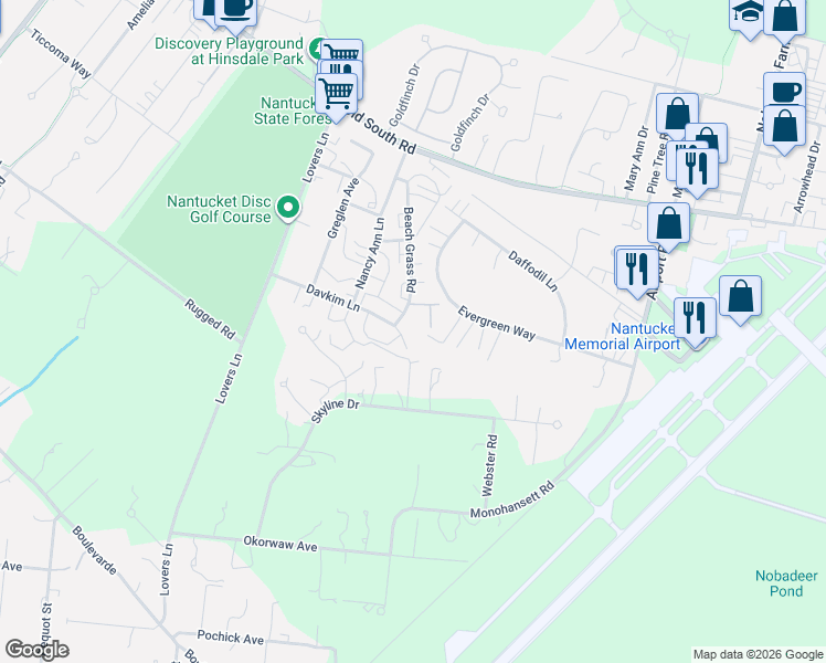 map of restaurants, bars, coffee shops, grocery stores, and more near 5 Clover Place in Nantucket