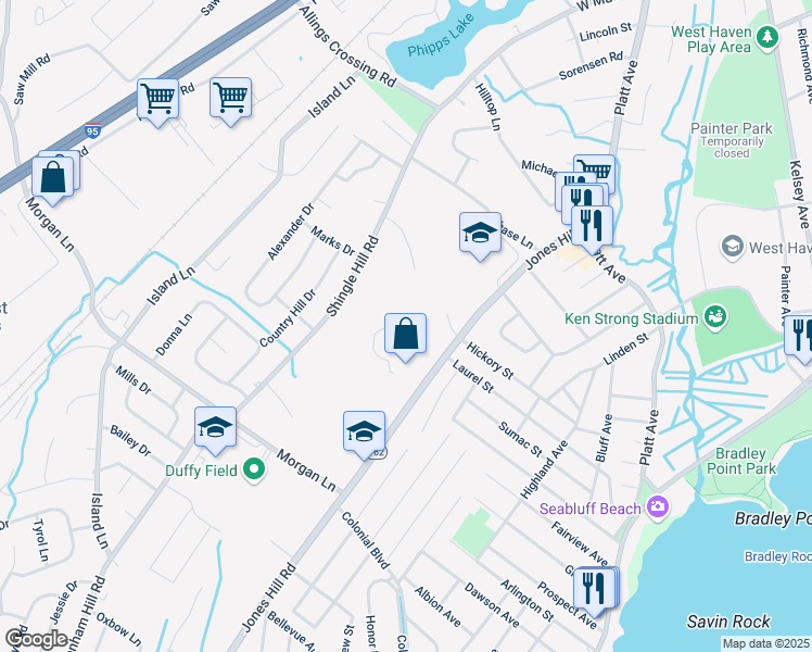map of restaurants, bars, coffee shops, grocery stores, and more near 12 Jones Hill Road in West Haven