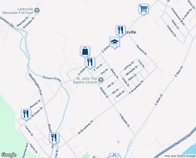map of restaurants, bars, coffee shops, grocery stores, and more near 24-26 W 2nd St in Larksville