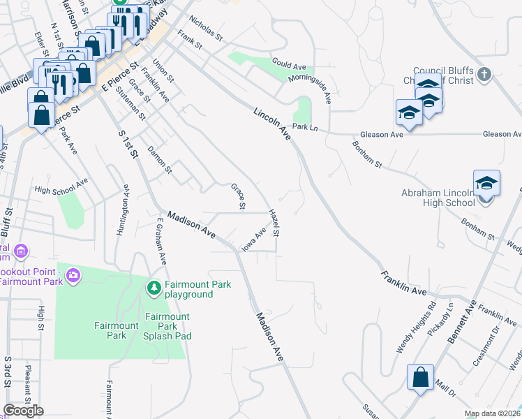map of restaurants, bars, coffee shops, grocery stores, and more near 114 Charles Street in Council Bluffs