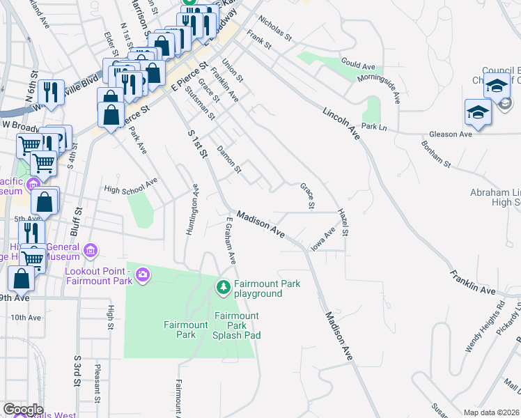 map of restaurants, bars, coffee shops, grocery stores, and more near 725 Madison Avenue in Council Bluffs
