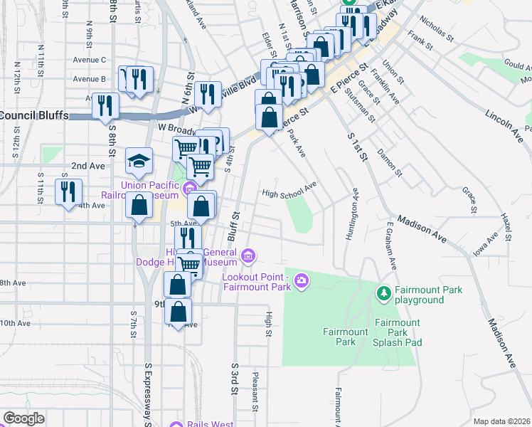map of restaurants, bars, coffee shops, grocery stores, and more near 201 South 3rd Street in Council Bluffs