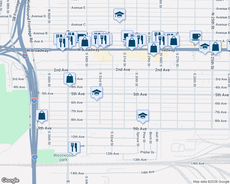 map of restaurants, bars, coffee shops, grocery stores, and more near 3120 5th Avenue in Council Bluffs
