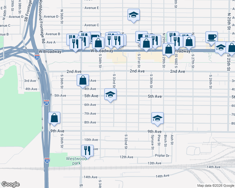 map of restaurants, bars, coffee shops, grocery stores, and more near 3214 5th Avenue in Council Bluffs