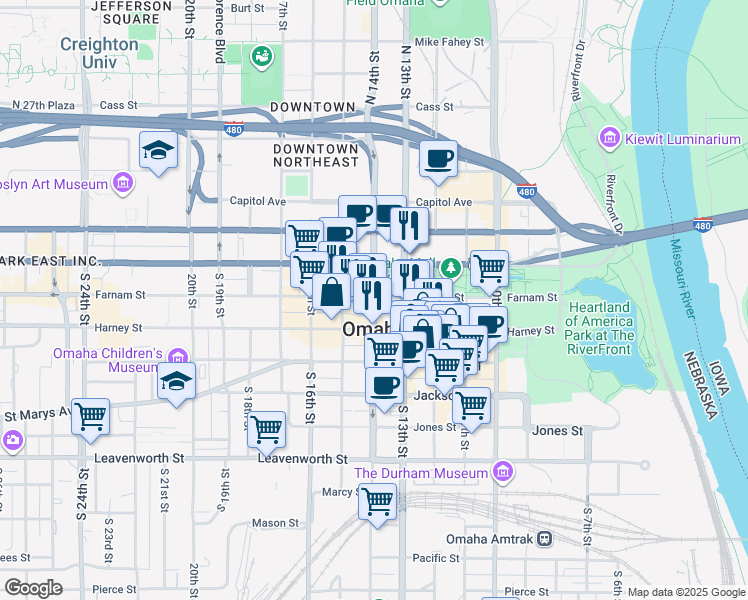 map of restaurants, bars, coffee shops, grocery stores, and more near 324 South 14th Street in Omaha