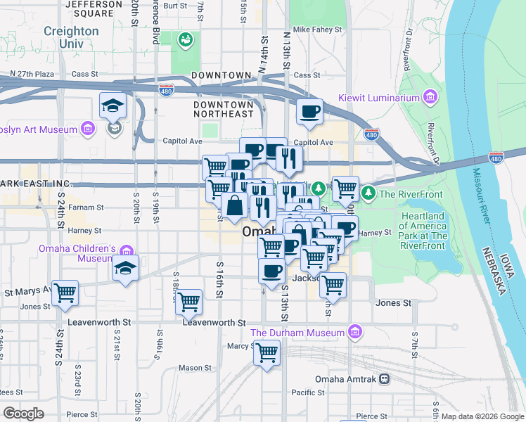 map of restaurants, bars, coffee shops, grocery stores, and more near 324 South 14th Street in Omaha