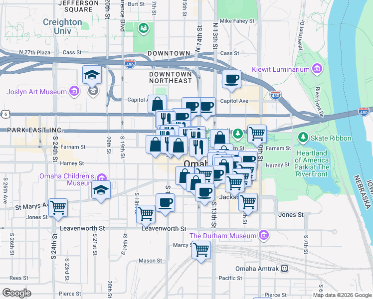 map of restaurants, bars, coffee shops, grocery stores, and more near 316 South 15th Street in Omaha