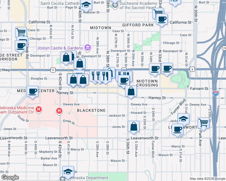 map of restaurants, bars, coffee shops, grocery stores, and more near in Omaha