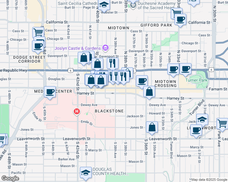map of restaurants, bars, coffee shops, grocery stores, and more near 3817 Farnam Street in Omaha