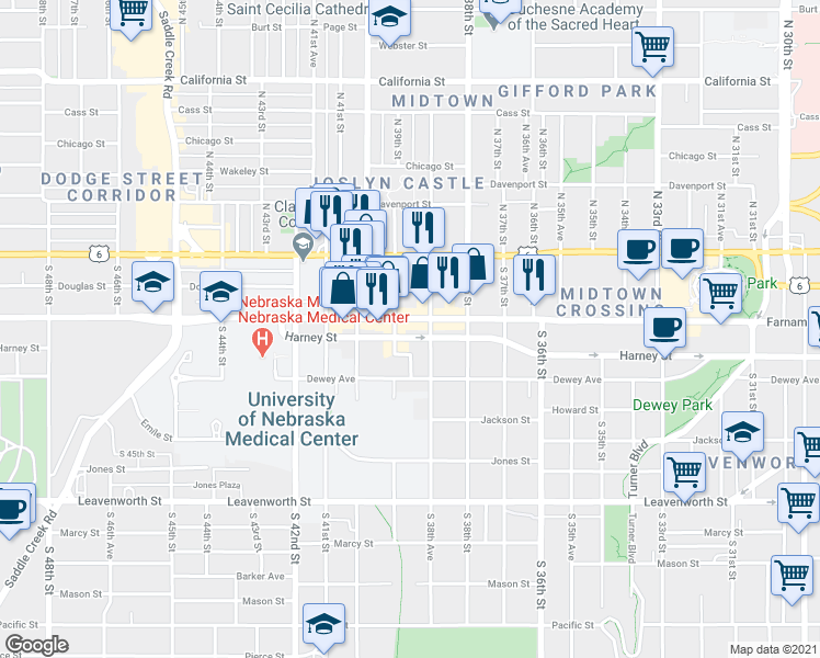 map of restaurants, bars, coffee shops, grocery stores, and more near 3870 Harney Street in Omaha