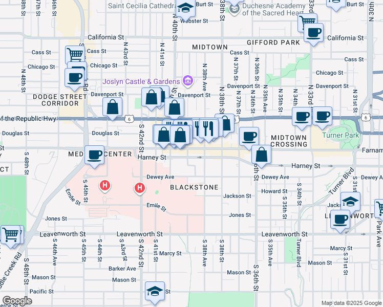map of restaurants, bars, coffee shops, grocery stores, and more near 3870 Harney Street in Omaha