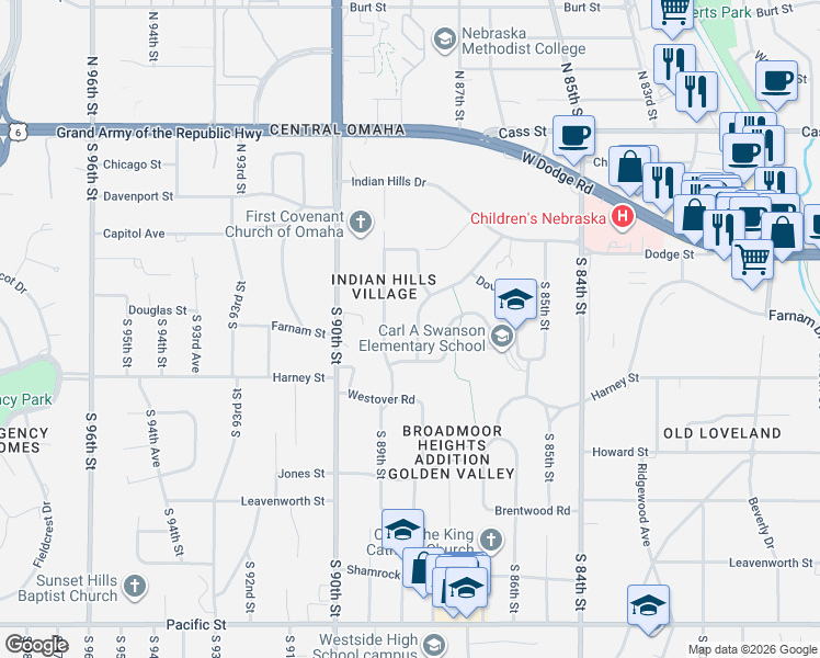 map of restaurants, bars, coffee shops, grocery stores, and more near 230 South 88th Street in Omaha