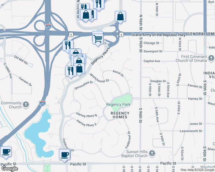 map of restaurants, bars, coffee shops, grocery stores, and more near 9825 Westchester Drive in Omaha