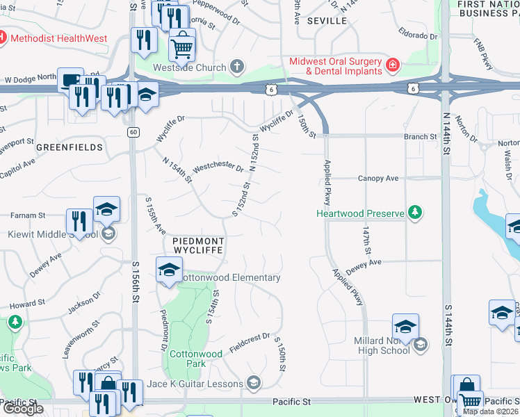 map of restaurants, bars, coffee shops, grocery stores, and more near 15105 Douglas Circle in Omaha
