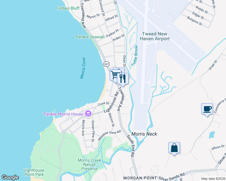 map of restaurants, bars, coffee shops, grocery stores, and more near 53 Morris Cove Road in New Haven