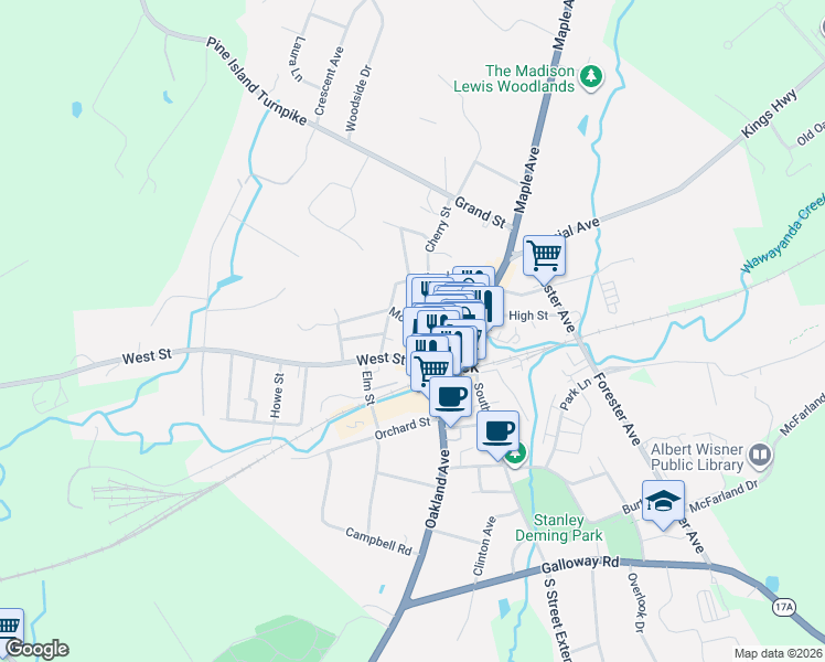 map of restaurants, bars, coffee shops, grocery stores, and more near 21 Spring Street in Warwick