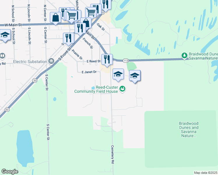 map of restaurants, bars, coffee shops, grocery stores, and more near 380 Comet Drive in Braidwood