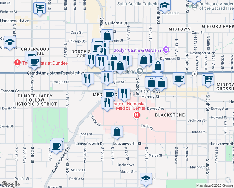 map of restaurants, bars, coffee shops, grocery stores, and more near 330 South 44th Street in Omaha