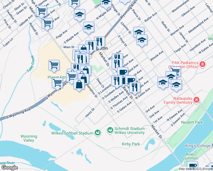 map of restaurants, bars, coffee shops, grocery stores, and more near 43 South Loveland Avenue in Kingston