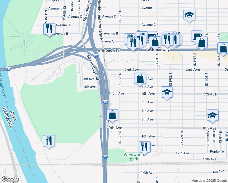 map of restaurants, bars, coffee shops, grocery stores, and more near 3620 5th Avenue in Council Bluffs