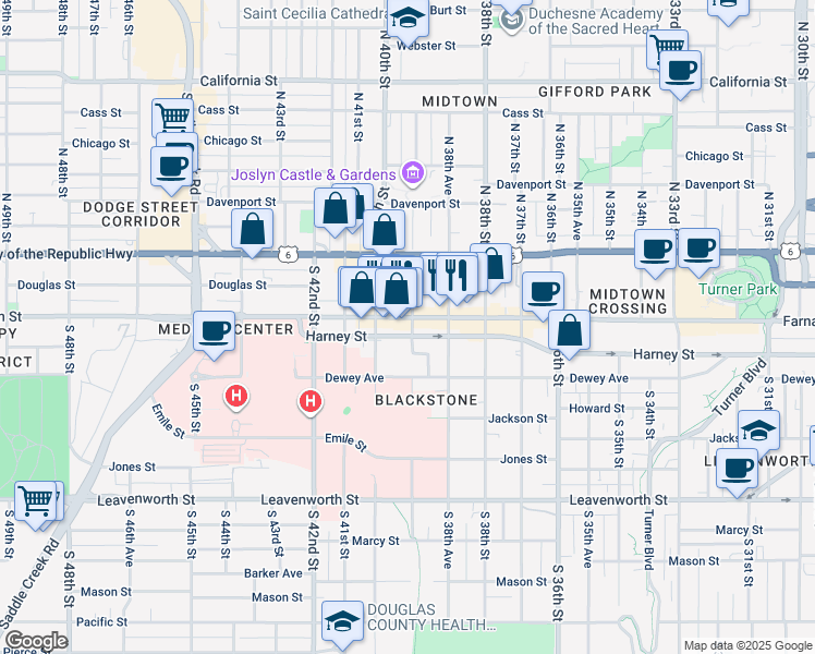 map of restaurants, bars, coffee shops, grocery stores, and more near 3902 Harney Street in Omaha