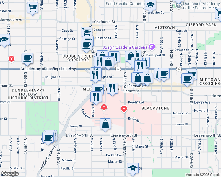map of restaurants, bars, coffee shops, grocery stores, and more near 4239 Farnam Street in Omaha