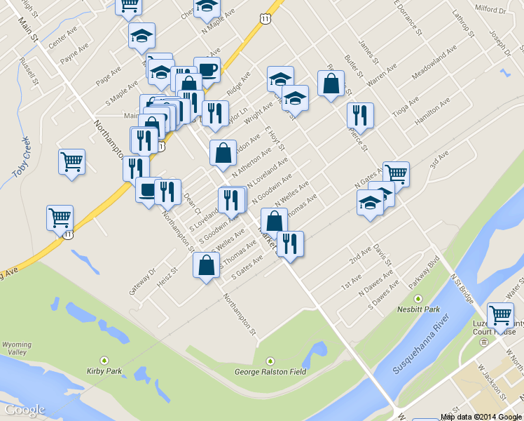 map of restaurants, bars, coffee shops, grocery stores, and more near 30-32 Welles St in Kingston