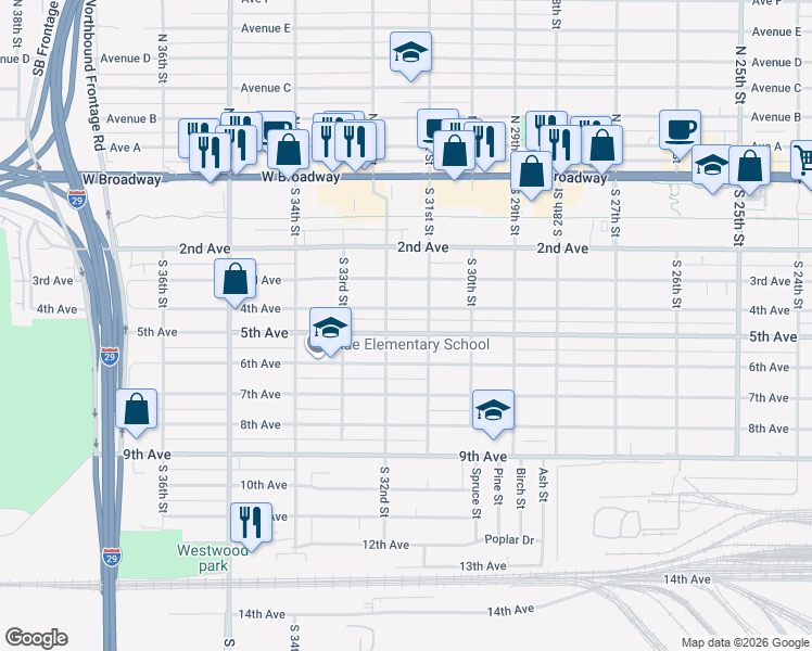 map of restaurants, bars, coffee shops, grocery stores, and more near 3120 5th Avenue in Council Bluffs