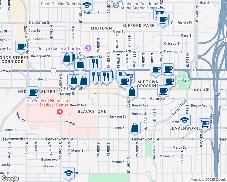 map of restaurants, bars, coffee shops, grocery stores, and more near in Omaha