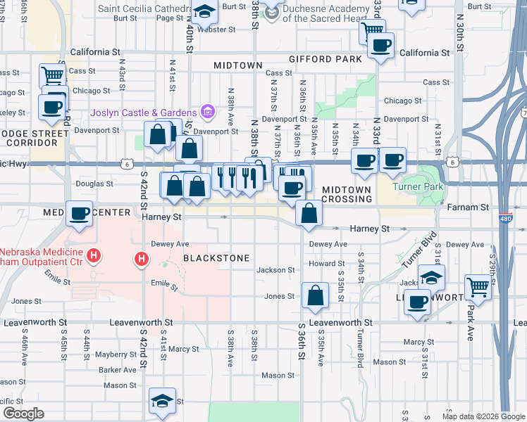 map of restaurants, bars, coffee shops, grocery stores, and more near in Omaha