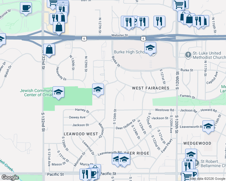 map of restaurants, bars, coffee shops, grocery stores, and more near 12615 Harney Circle in Omaha
