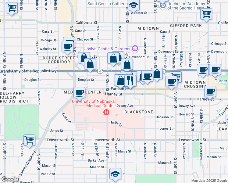 map of restaurants, bars, coffee shops, grocery stores, and more near 304 South 41st Street in Omaha