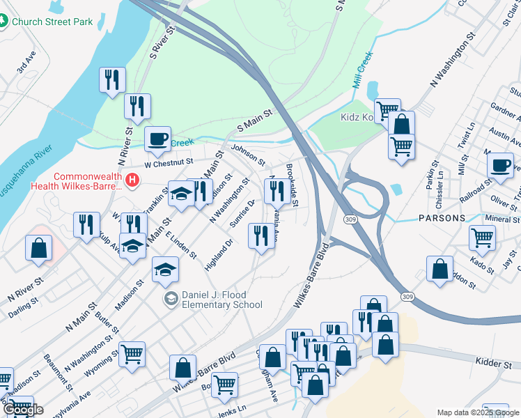 map of restaurants, bars, coffee shops, grocery stores, and more near 137 East Chestnut Street in Wilkes-Barre
