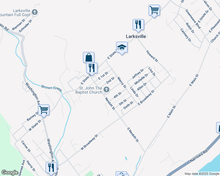 map of restaurants, bars, coffee shops, grocery stores, and more near 24-26 W 2nd St in Larksville